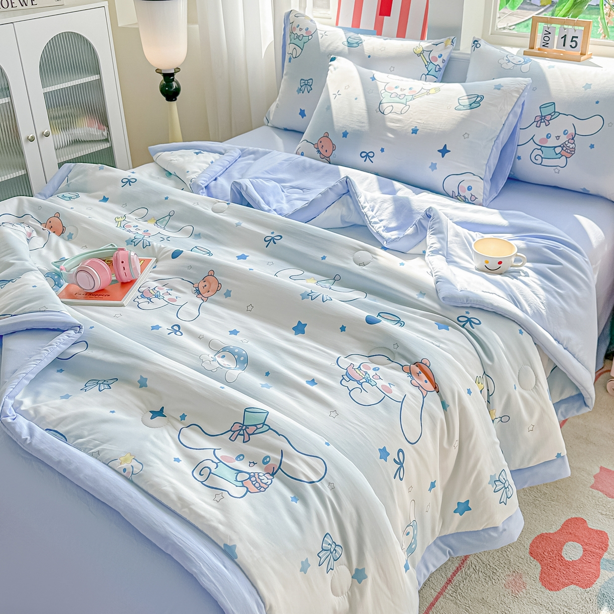 91家纺网 家纺一手货源 找家纺 颜选 2026新款水洗棉夏被夏凉被空调被四件套 空调被长耳朵星星