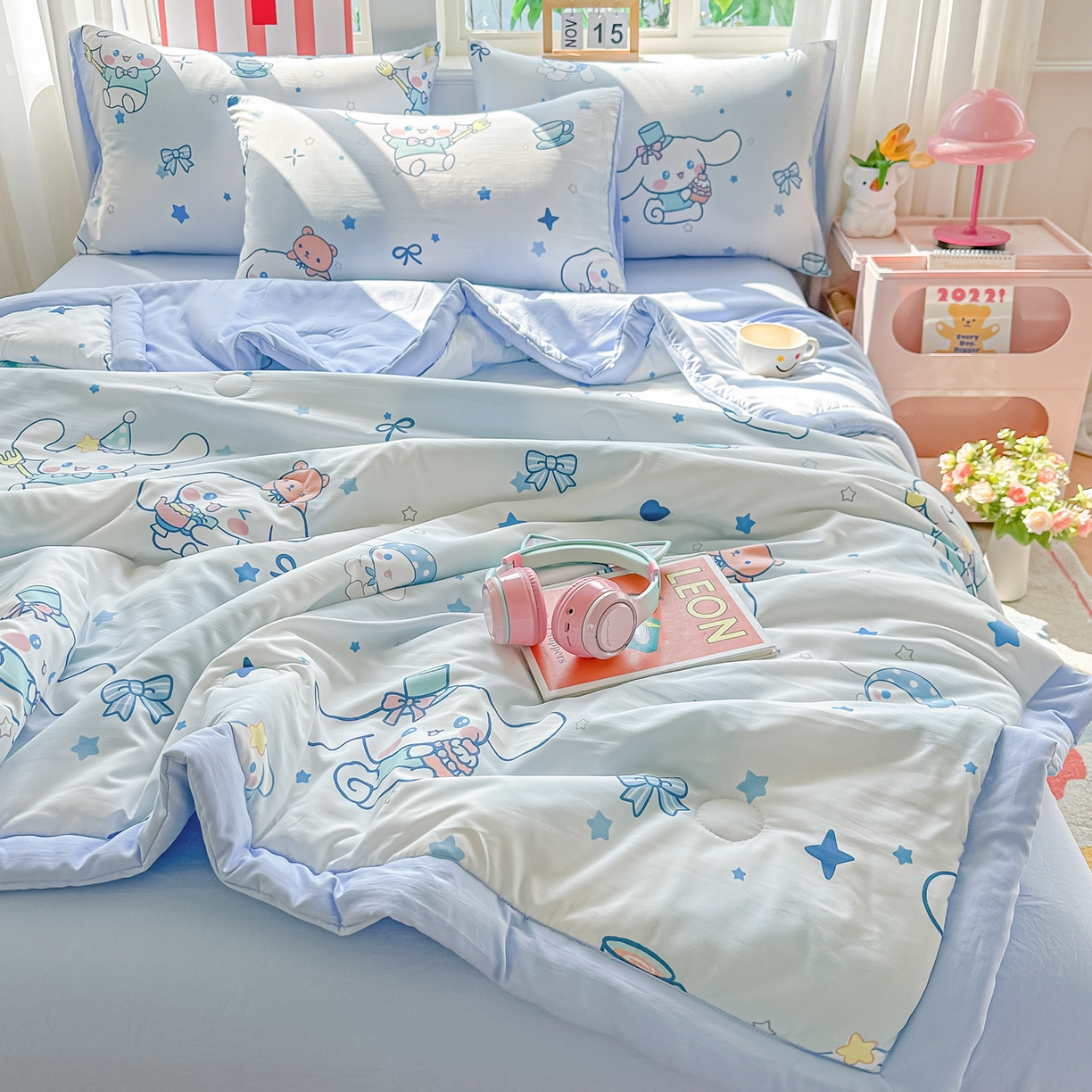 91家纺网 家纺一手货源 找家纺 颜选 2026新款水洗棉夏被夏凉被空调被四件套 空调被长耳朵星星