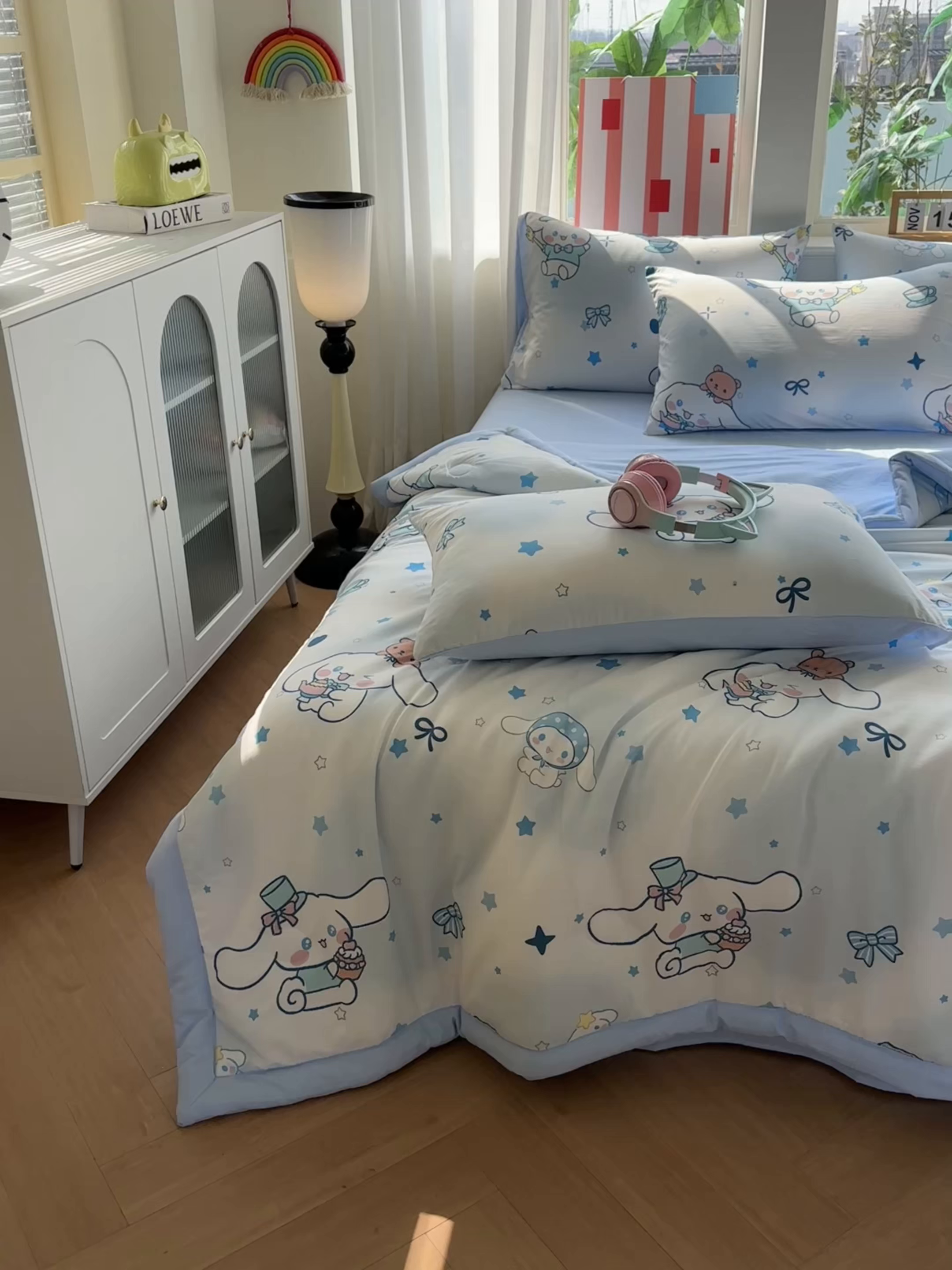 91家纺网 家纺一手货源 找家纺 颜选 2026新款水洗棉夏被夏凉被空调被四件套 空调被长耳朵星星