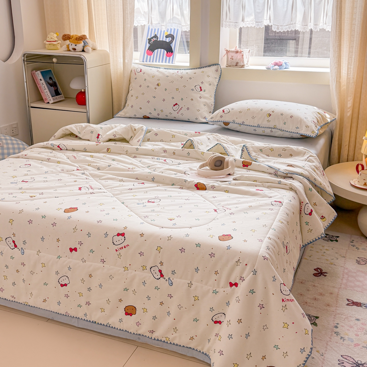91家纺网 家纺一手货源 找家纺 简宜家居（朝初家纺） 2026新款全棉花卉卡通系列贝壳边夏被四件套 星星熊语