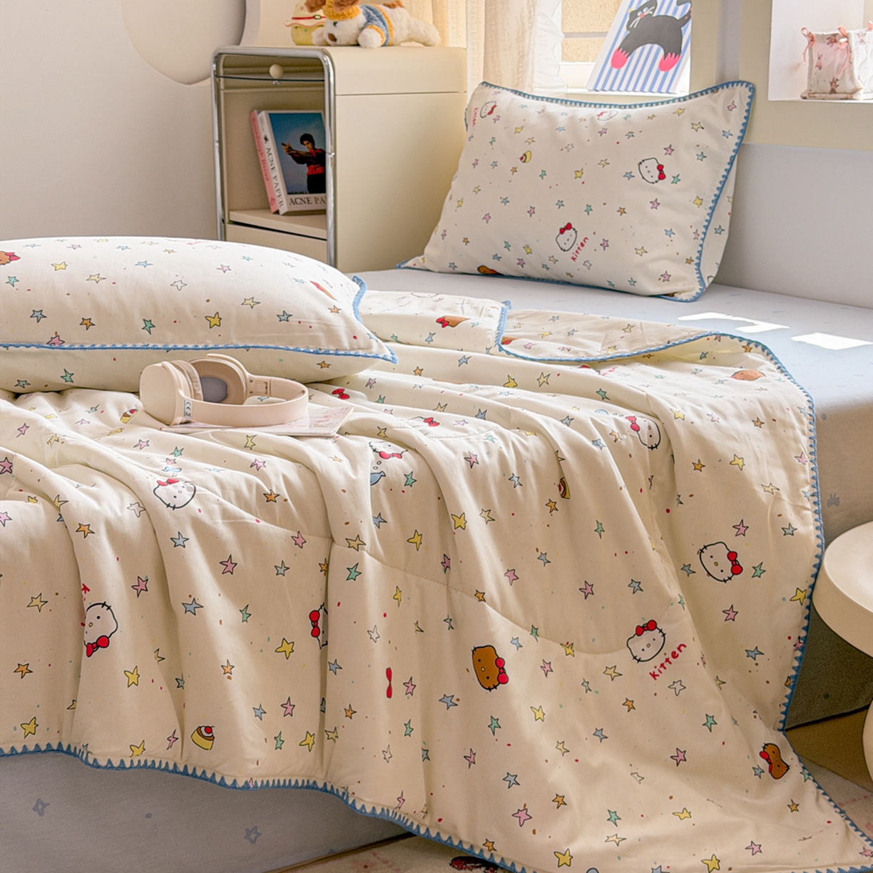 91家纺网 家纺一手货源 找家纺 简宜家居（朝初家纺） 2026新款全棉花卉卡通系列贝壳边夏被四件套 星星熊语