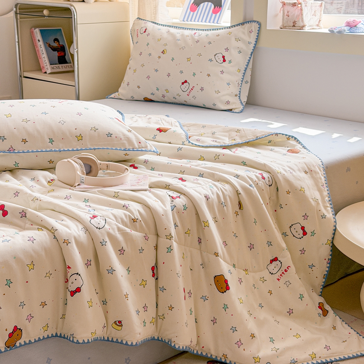 91家纺网 家纺一手货源 找家纺 简宜家居（朝初家纺） 2026新款全棉花卉卡通系列贝壳边夏被四件套 星星熊语