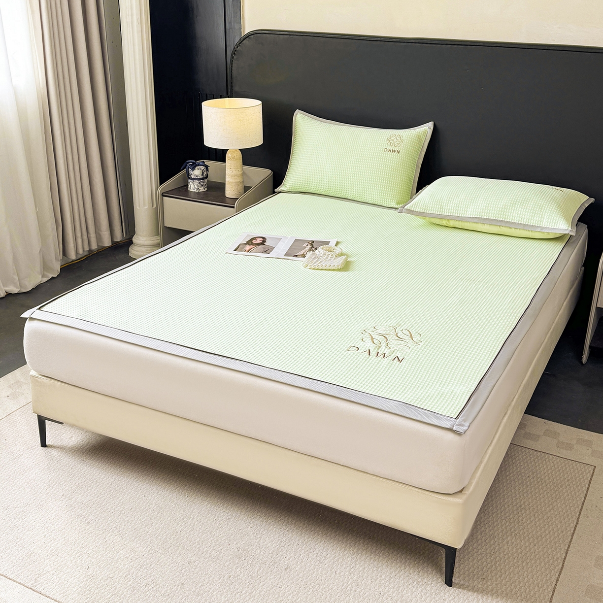 91家纺网 家纺一手货源 找家纺 眠势力 2026新款冰豆豆凉席刺绣款凉席子冰感豆豆床单软凉席三件套可机洗 雅致-绿