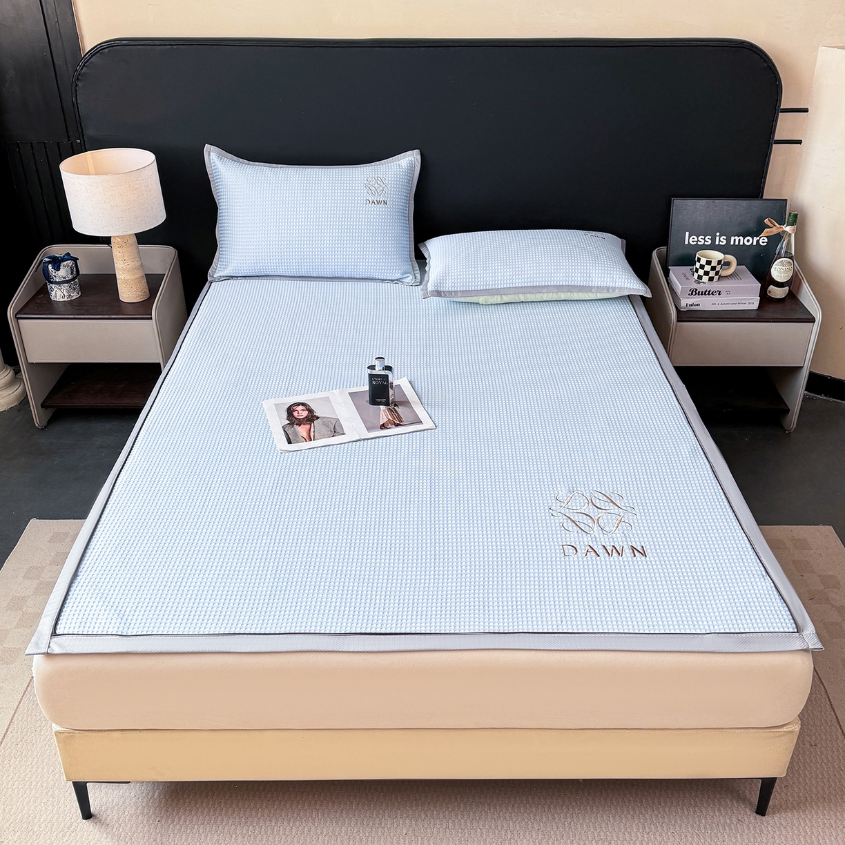 91家纺网 家纺一手货源 找家纺 眠势力 2026新款冰豆豆凉席刺绣款凉席子冰感豆豆床单软凉席三件套可机洗 雅致-兰