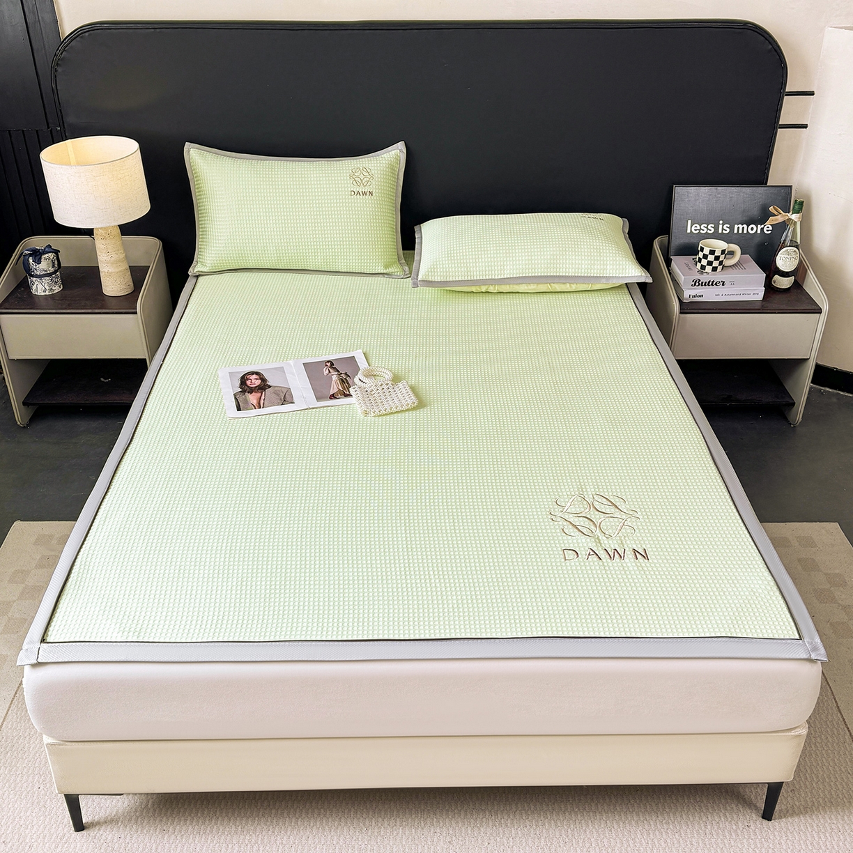 91家纺网 家纺一手货源 找家纺 眠势力 2026新款冰豆豆凉席刺绣款凉席子冰感豆豆床单软凉席三件套可机洗 雅致-绿