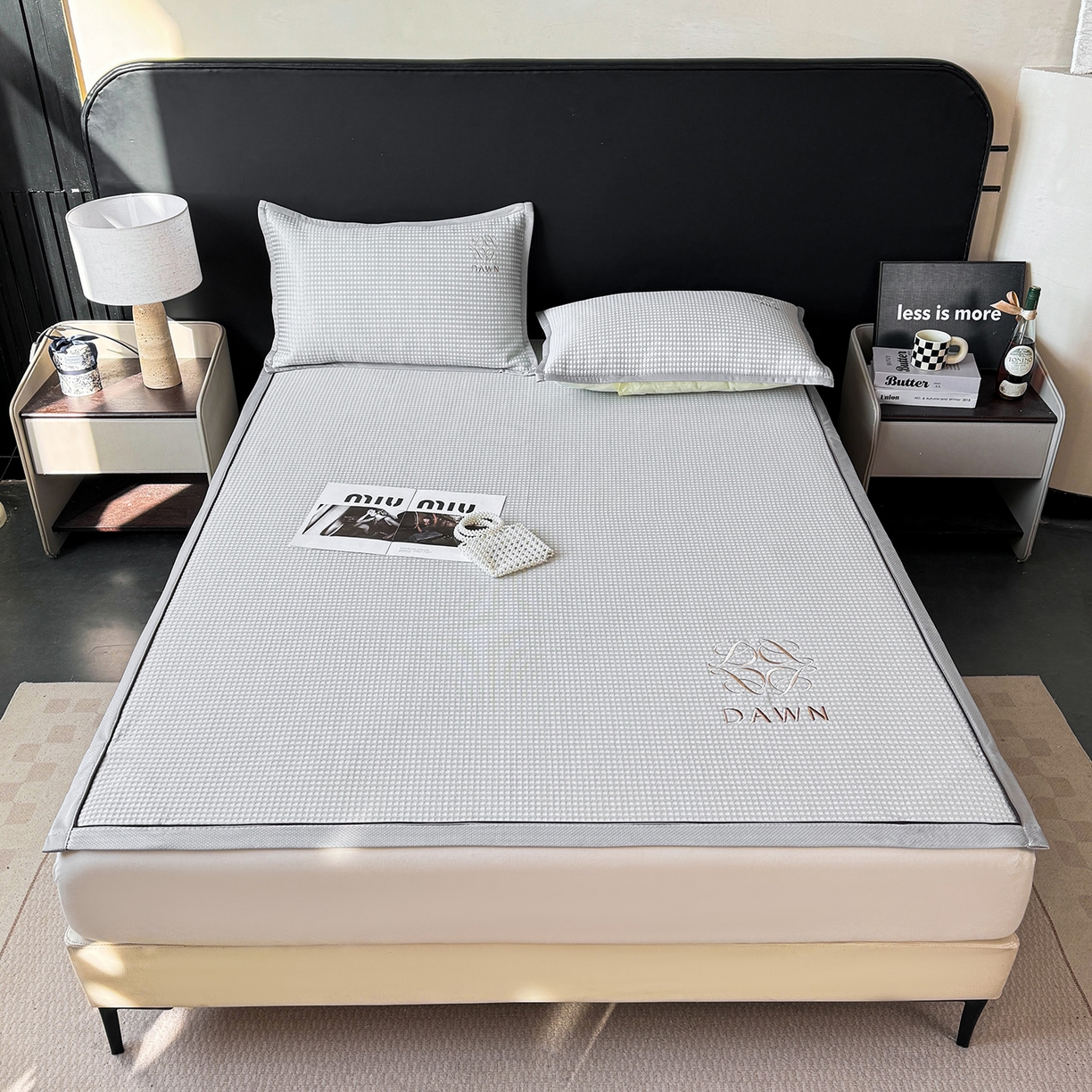 91家纺网 家纺一手货源 找家纺 眠势力 2026新款冰豆豆凉席刺绣款凉席子冰感豆豆床单软凉席三件套可机洗 雅致-灰