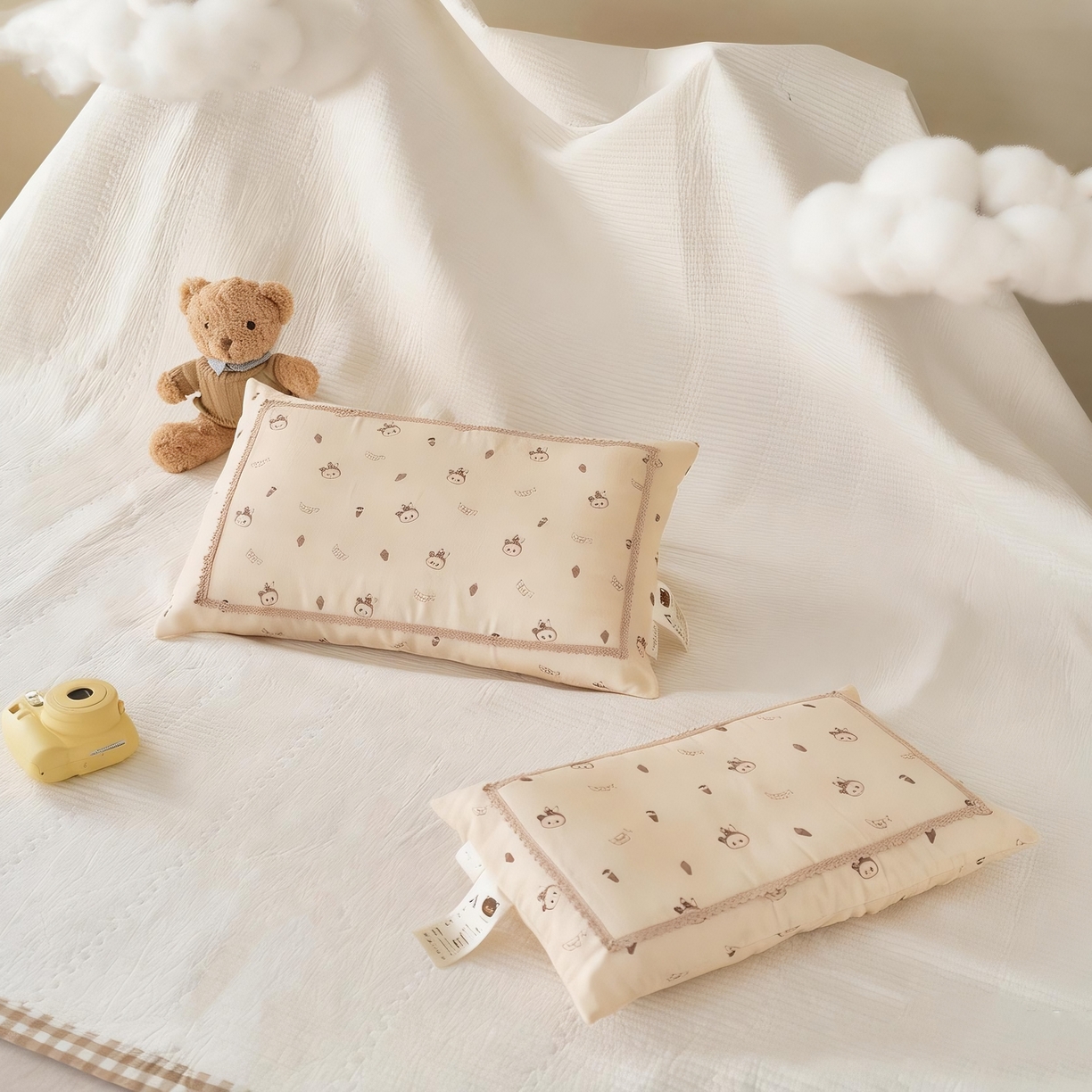 91家纺网 家纺一手货源 找家纺 珍贝家纺 2026新款全棉双层纱刺绣花边学生儿童枕枕头枕芯 米小熊