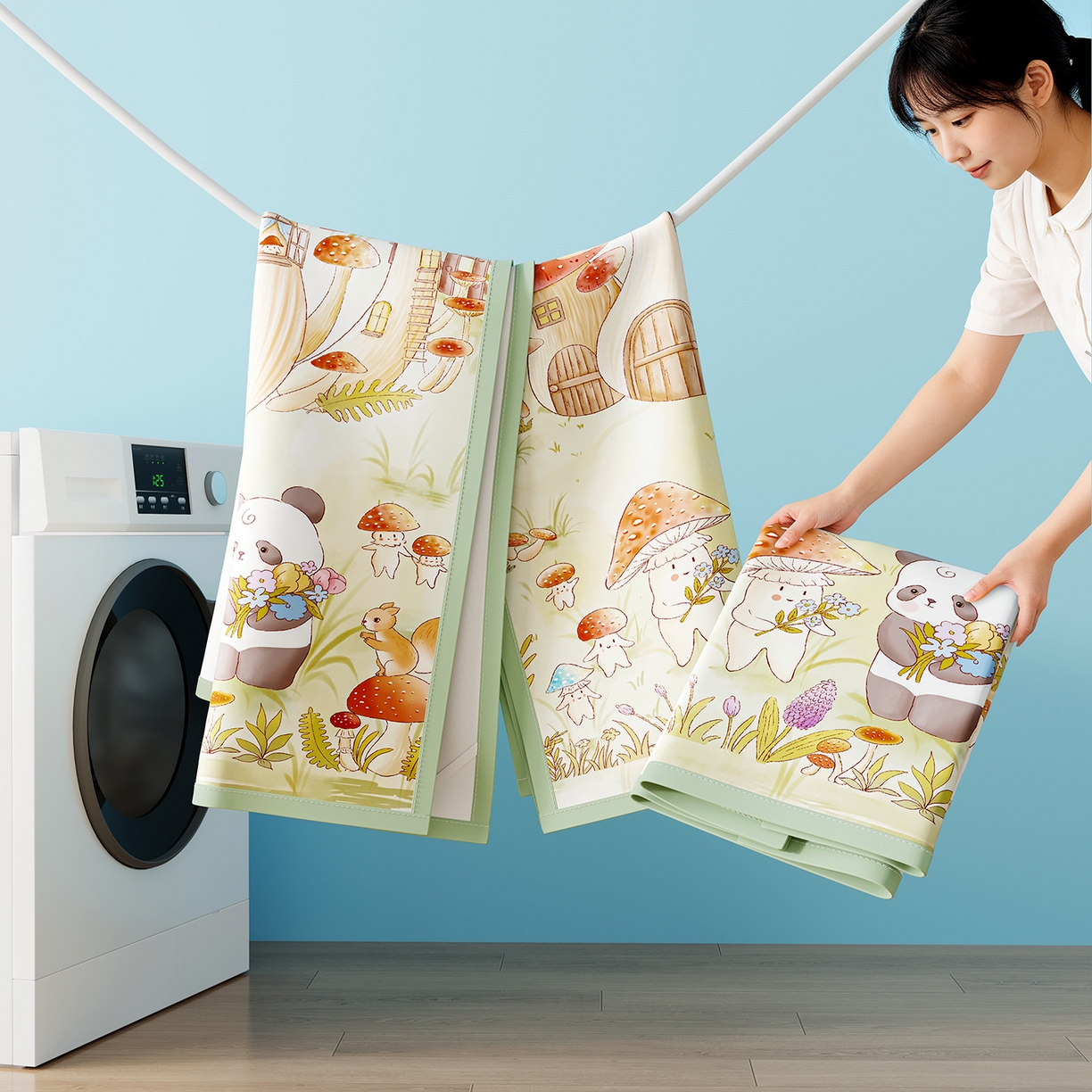 91家纺网 家纺一手货源 找家纺 奇丝雅 2026A类数码印花大版卡通冰丝凉席家用双人冰丝席可机洗单人学生宿舍夏天空调软席 蘑菇城堡【三明治网底】