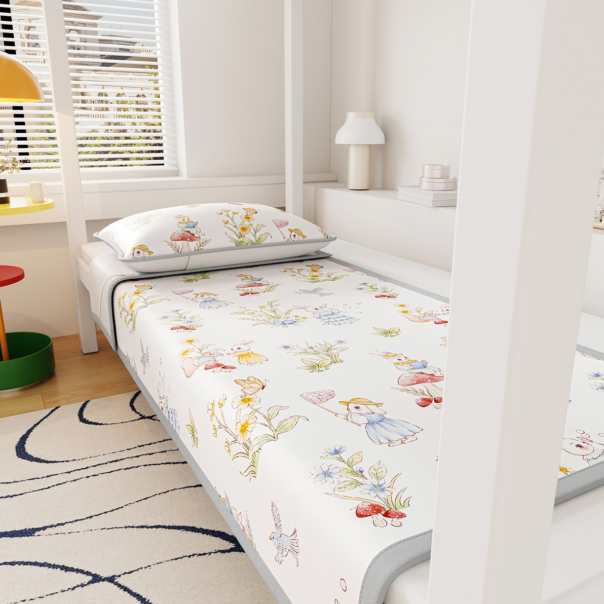 91家纺网 家纺一手货源 找家纺 奇丝雅 2026A类数码印花大版卡通冰丝凉席家用双人冰丝席可机洗单人学生宿舍夏天空调软席 精灵小兔【三明治网底】