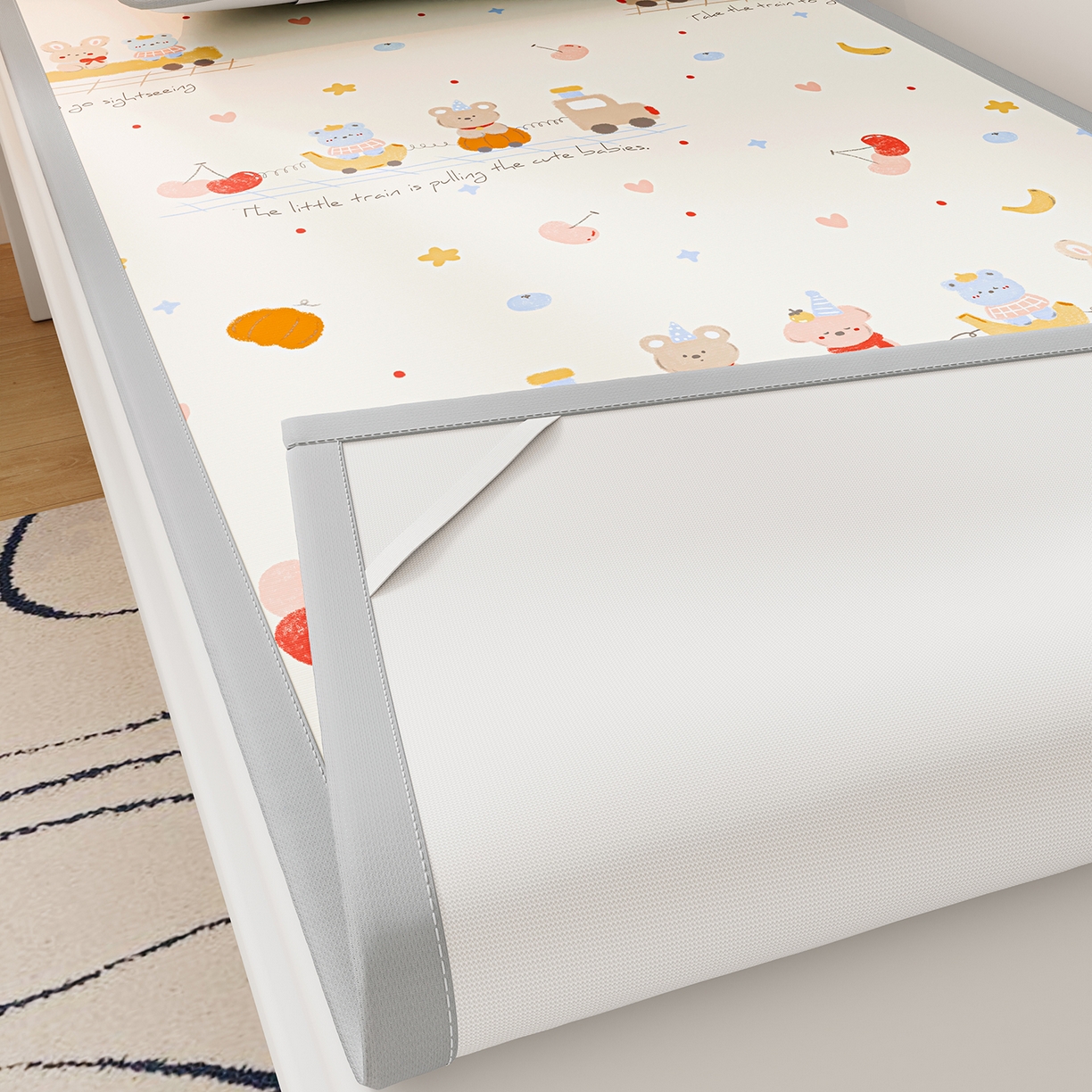 91家纺网 家纺一手货源 找家纺 奇丝雅 2026A类数码印花大版卡通冰丝凉席家用双人冰丝席可机洗单人学生宿舍夏天空调软席 萌宝小火车【三明治网底】