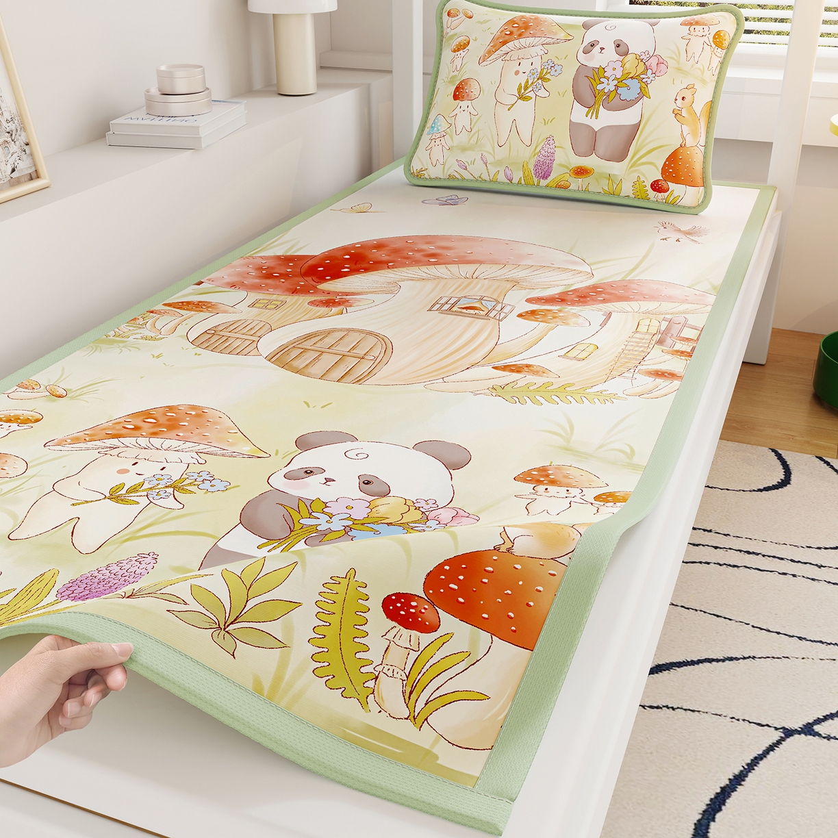 91家纺网 家纺一手货源 找家纺 奇丝雅 2026A类数码印花大版卡通冰丝凉席家用双人冰丝席可机洗单人学生宿舍夏天空调软席 蘑菇城堡【三明治网底】