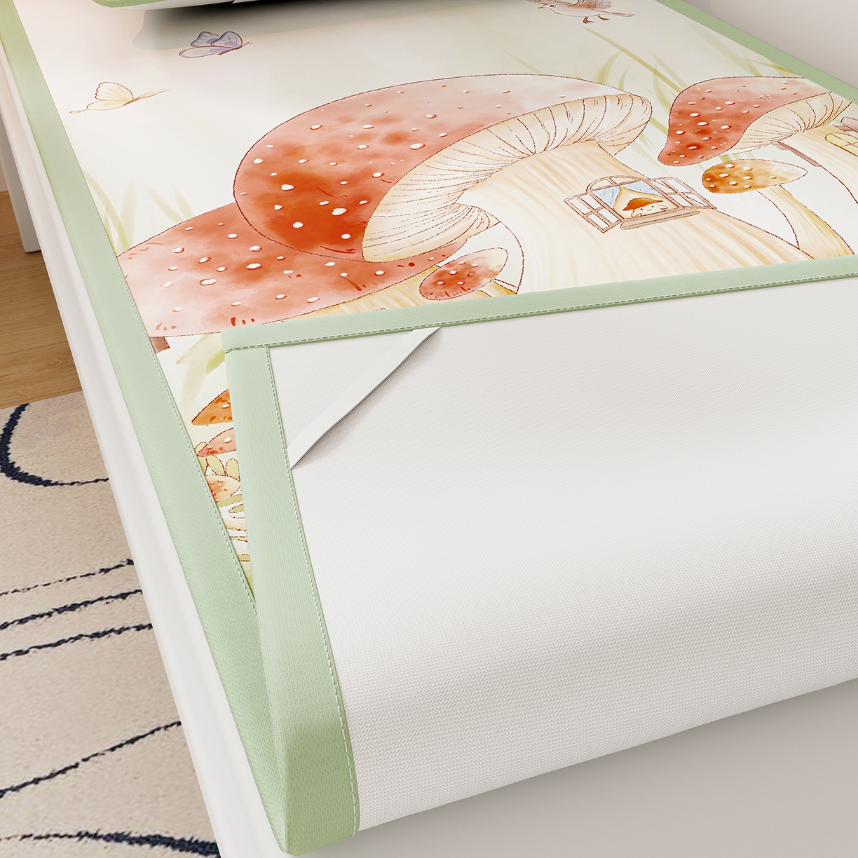 91家纺网 家纺一手货源 找家纺 奇丝雅 2026A类数码印花大版卡通冰丝凉席家用双人冰丝席可机洗单人学生宿舍夏天空调软席 蘑菇城堡【三明治网底】