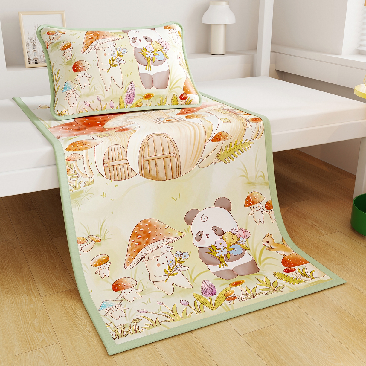 91家纺网 家纺一手货源 找家纺 奇丝雅 2026A类数码印花大版卡通冰丝凉席家用双人冰丝席可机洗单人学生宿舍夏天空调软席 蘑菇城堡【三明治网底】