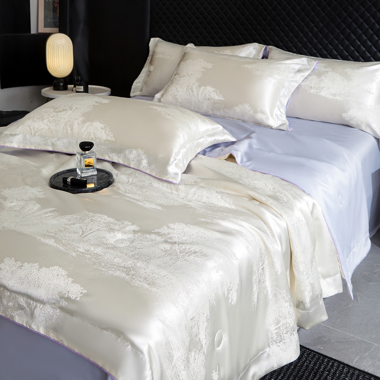 91家纺网 家纺一手货源 找家纺 置顶家纺 2026新款双面水洗天丝提花夏被四件套-欧若拉 欧若拉-奶白+香芋紫