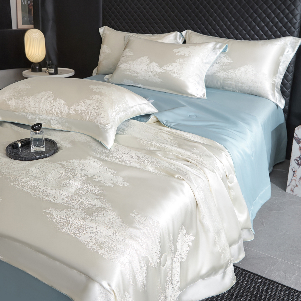 91家纺网 家纺一手货源 找家纺 置顶家纺 2026新款双面水洗天丝提花夏被四件套-欧若拉 欧若拉-奶白+浅蓝