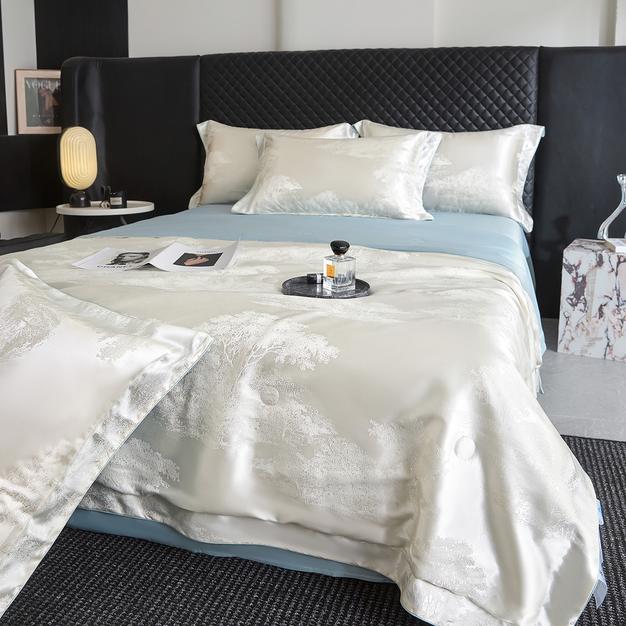 91家纺网 家纺一手货源 找家纺 置顶家纺 2026新款双面水洗天丝提花夏被四件套-欧若拉 欧若拉-奶白+浅蓝