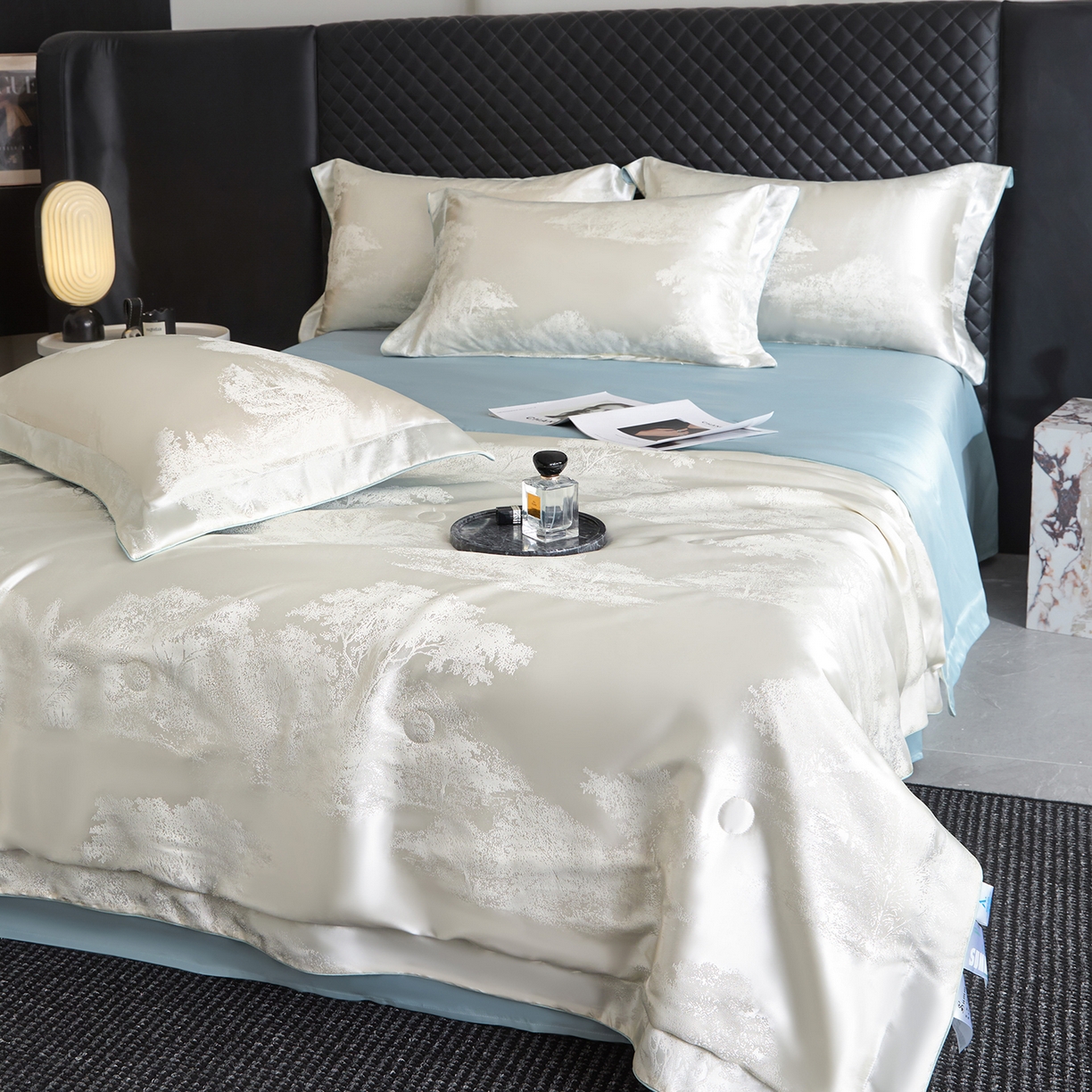91家纺网 家纺一手货源 找家纺 置顶家纺 2026新款双面水洗天丝提花夏被四件套-欧若拉 欧若拉-奶白+浅蓝