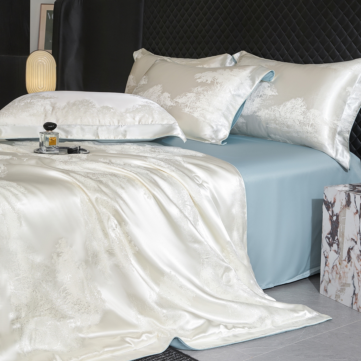 91家纺网 家纺一手货源 找家纺 置顶家纺 2026新款双面水洗天丝提花夏被四件套-欧若拉 欧若拉-奶白+浅蓝