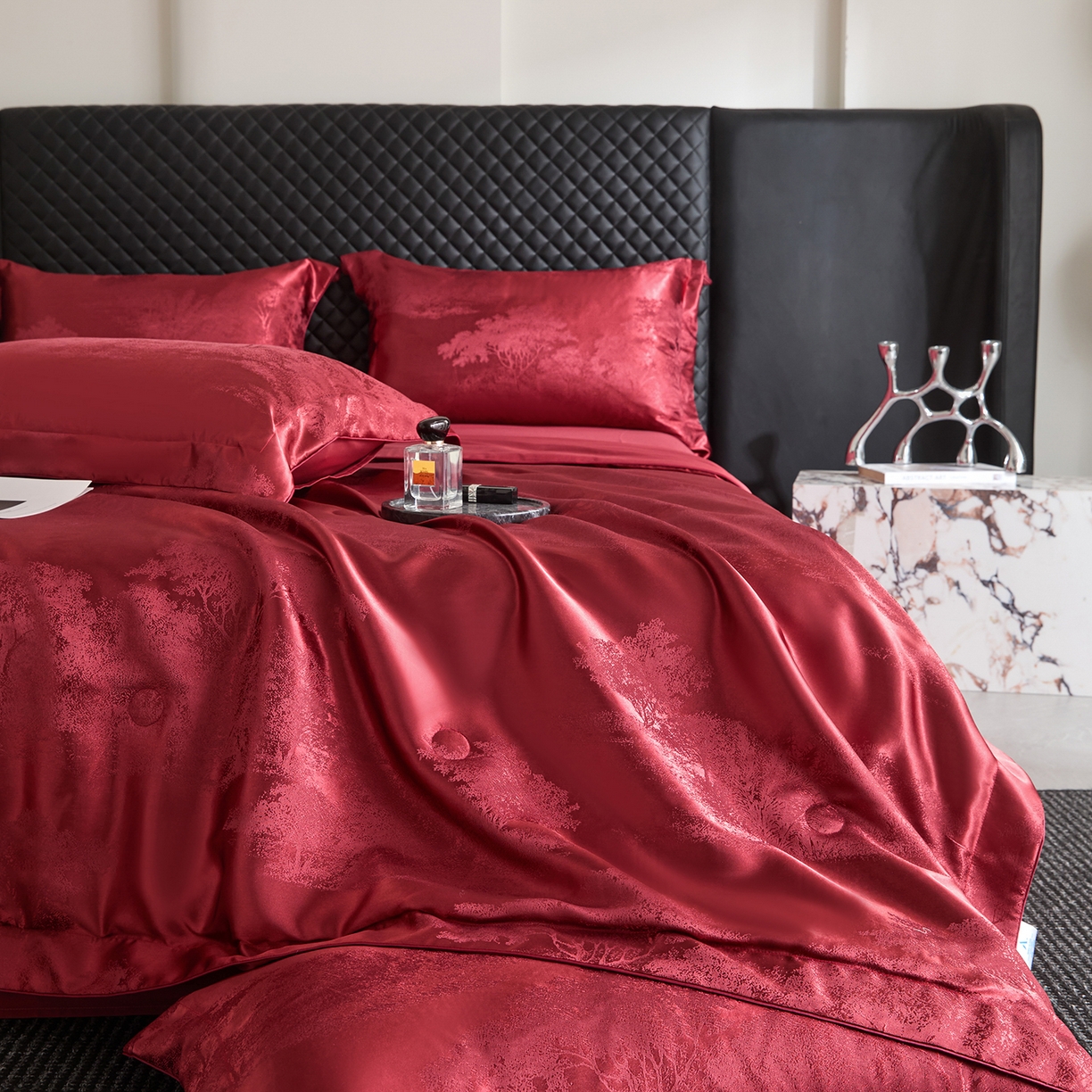 91家纺网 家纺一手货源 找家纺 置顶家纺 2026新款双面水洗天丝提花夏被四件套-欧若拉 欧若拉-酒红