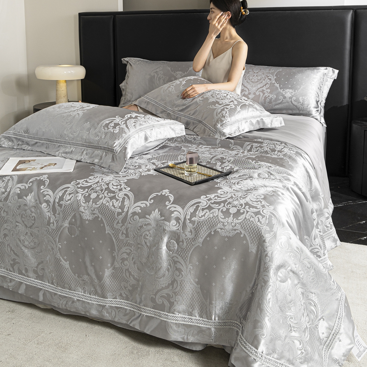 91家纺网 家纺一手货源 找家纺 置顶家纺 2026新款双面水洗天丝提花夏被四件套-维纳斯 维纳斯-浅灰