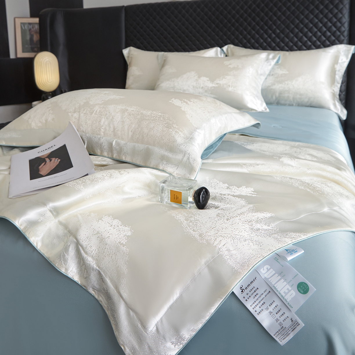 91家纺网 家纺一手货源 找家纺 置顶家纺 2026新款双面水洗天丝提花夏被四件套-欧若拉 欧若拉-奶白+浅蓝