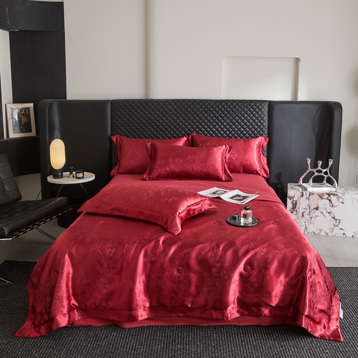 91家纺网 家纺一手货源 找家纺 置顶家纺 2026新款双面水洗天丝提花夏被四件套-幸卉 幸卉-酒红