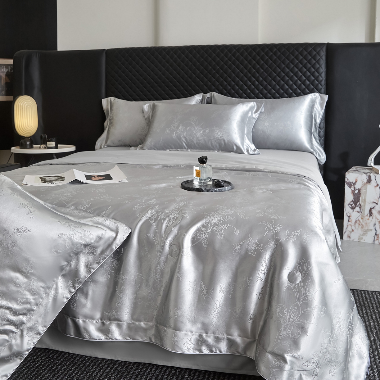 91家纺网 家纺一手货源 找家纺 置顶家纺 2026新款双面水洗天丝提花夏被四件套-幸卉 幸卉-高级灰