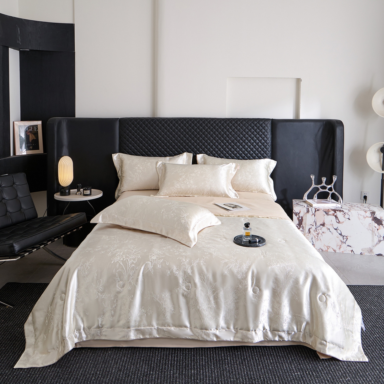 91家纺网 家纺一手货源 找家纺 置顶家纺 2026新款双面水洗天丝提花夏被四件套-幸卉 幸卉-白+浅香槟