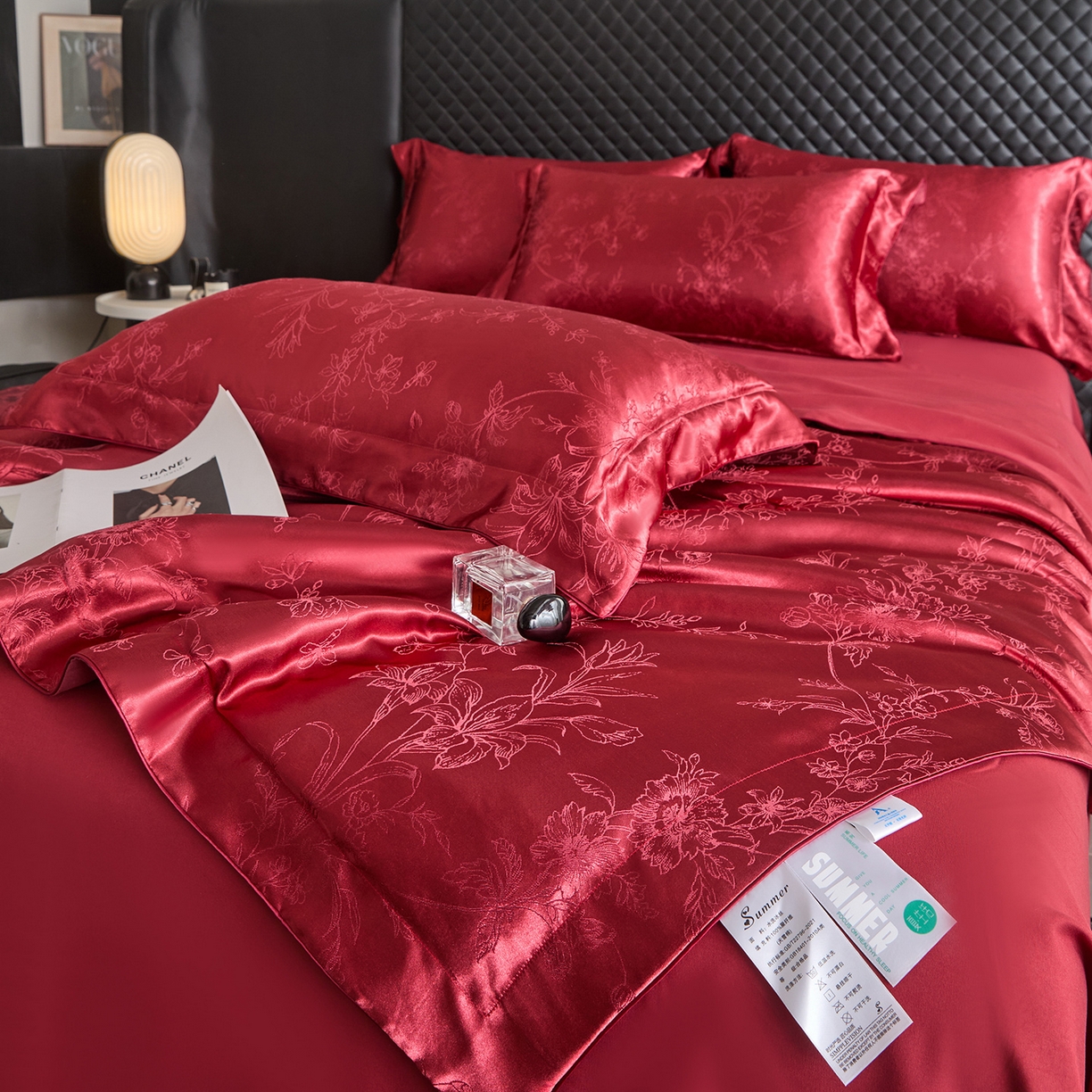 91家纺网 家纺一手货源 找家纺 置顶家纺 2026新款双面水洗天丝提花夏被四件套-幸卉 幸卉-酒红