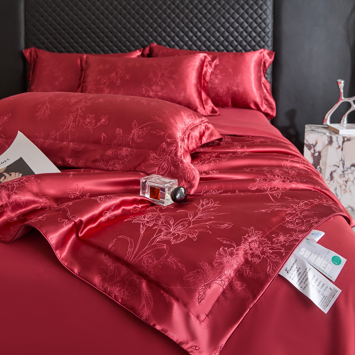 91家纺网 家纺一手货源 找家纺 置顶家纺 2026新款双面水洗天丝提花夏被四件套-幸卉 幸卉-酒红
