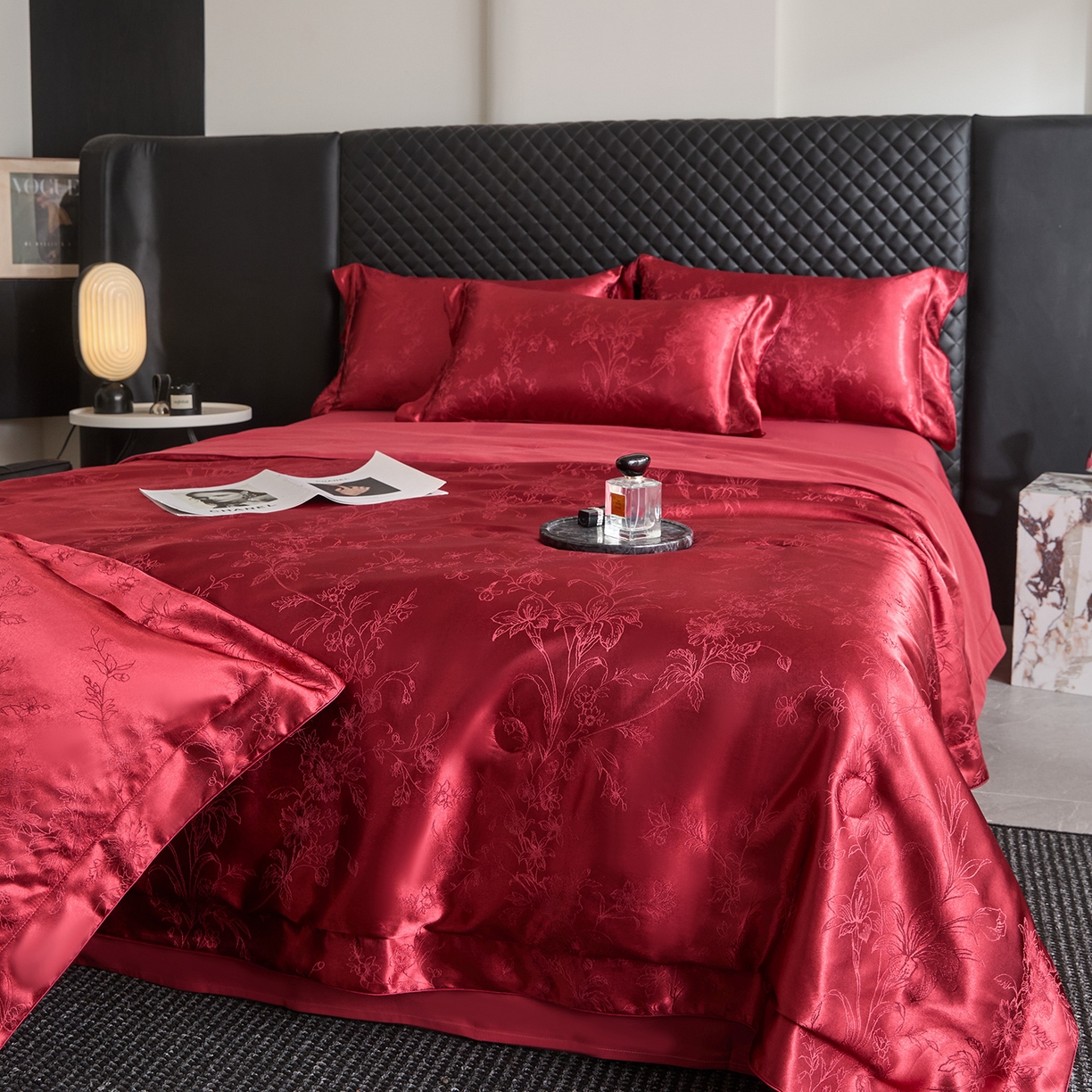 91家纺网 家纺一手货源 找家纺 置顶家纺 2026新款双面水洗天丝提花夏被四件套-幸卉 幸卉-酒红