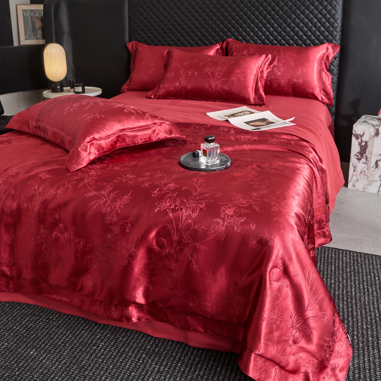 91家纺网 家纺一手货源 找家纺 置顶家纺 2026新款双面水洗天丝提花夏被四件套-幸卉 幸卉-酒红