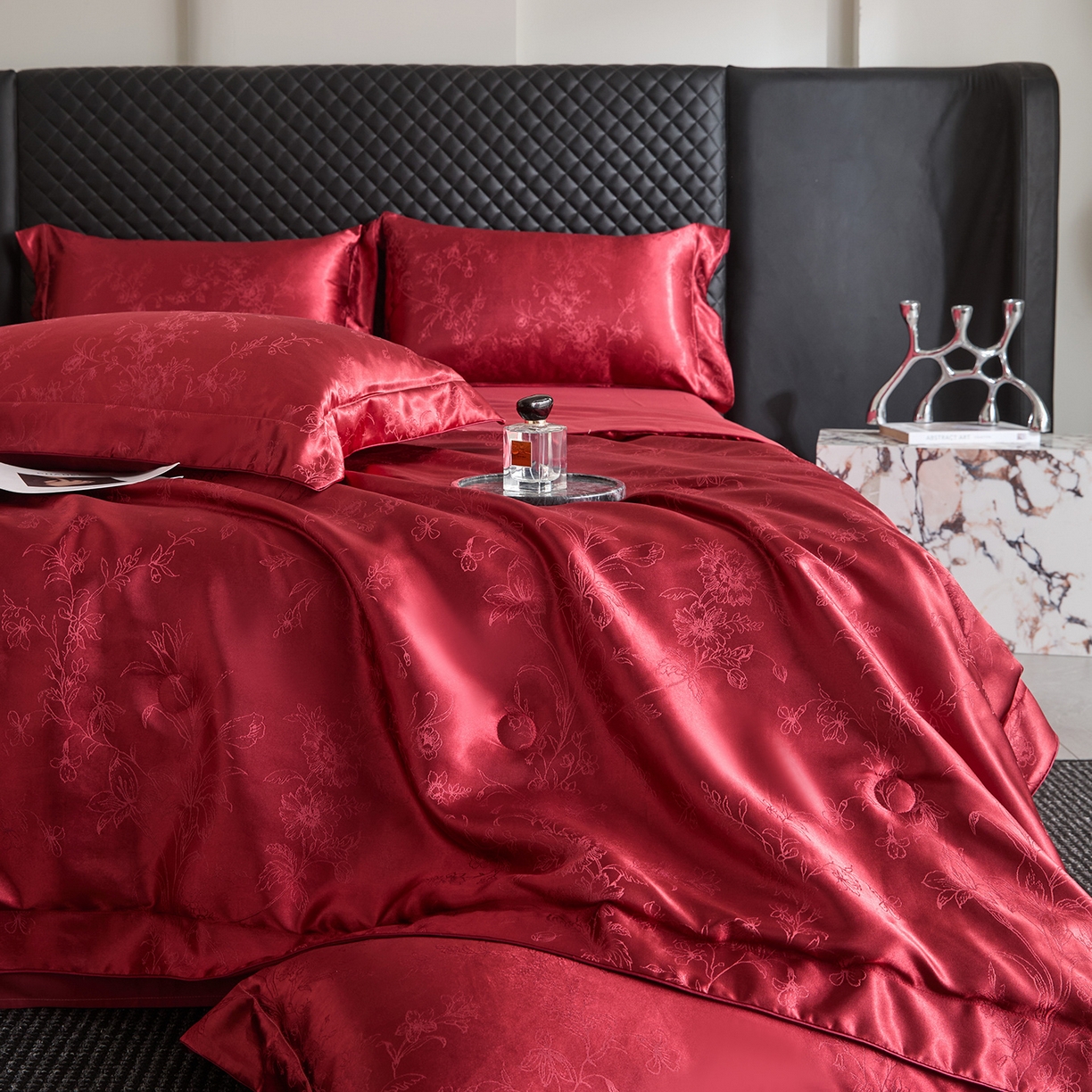 91家纺网 家纺一手货源 找家纺 置顶家纺 2026新款双面水洗天丝提花夏被四件套-幸卉 幸卉-酒红