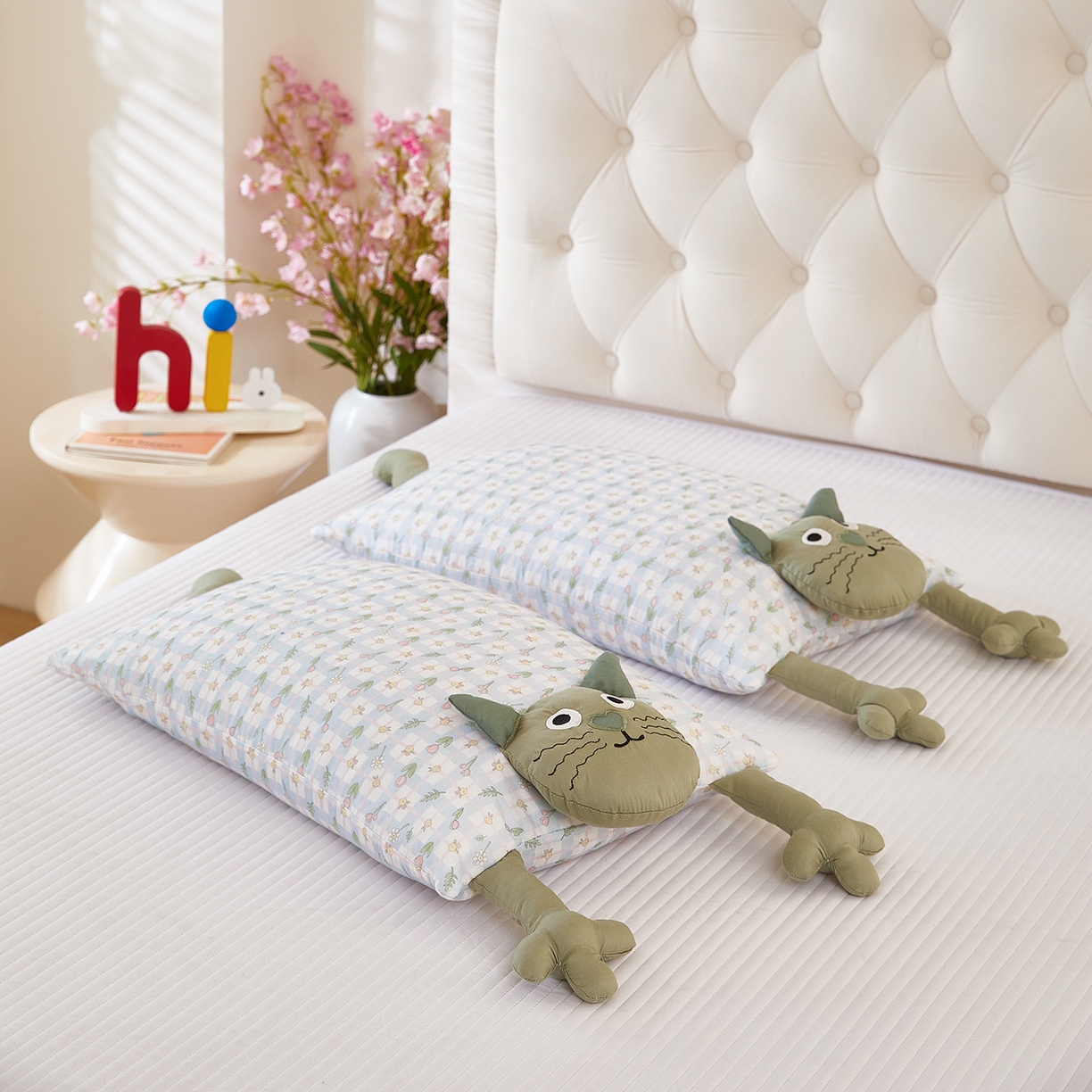 91家纺网 家纺一手货源 找家纺 梦叶草 2026新款全棉萌趣猫咪荞麦枕 萌趣猫咪-绿脸