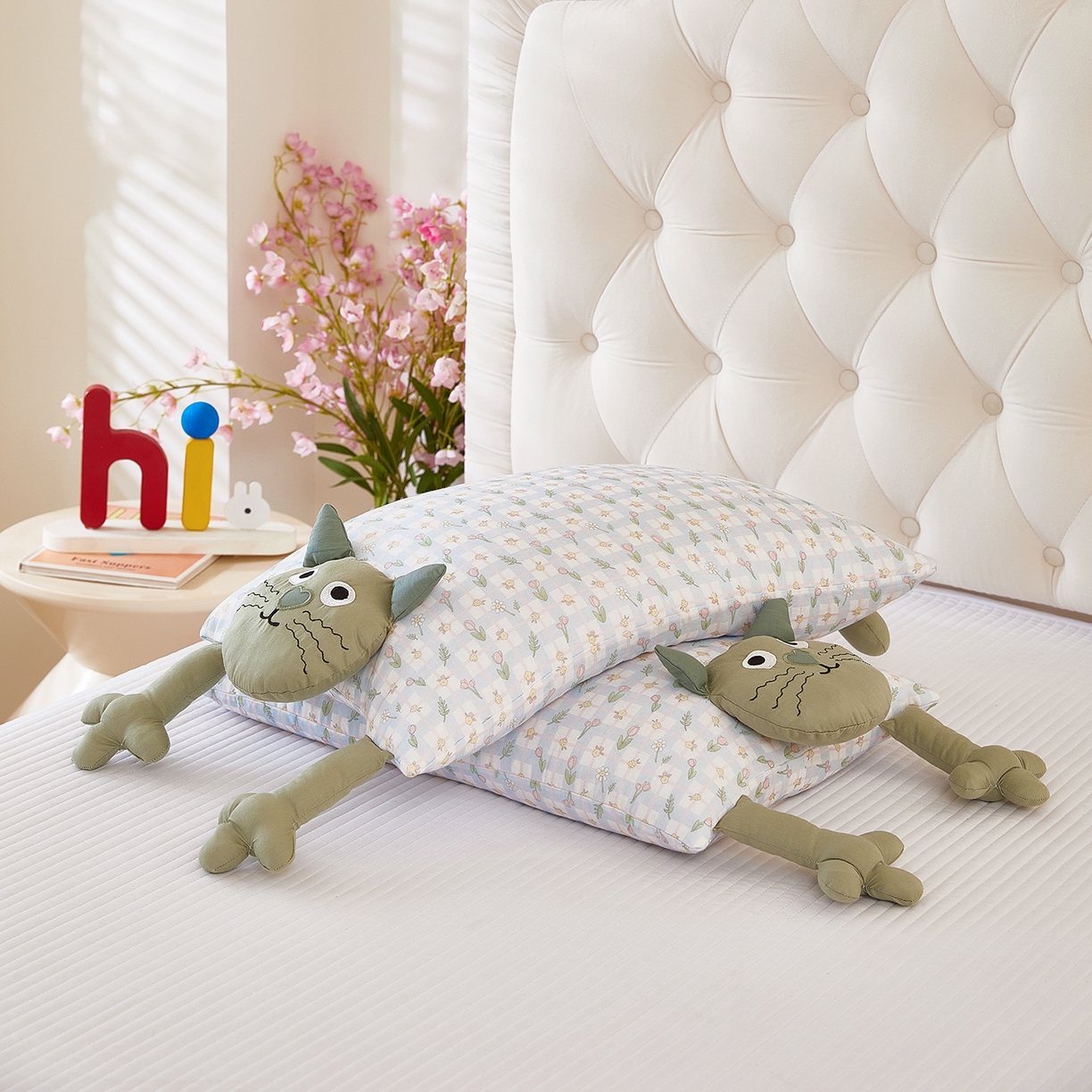 91家纺网 家纺一手货源 找家纺 梦叶草 2026新款全棉萌趣猫咪荞麦枕 萌趣猫咪-绿脸