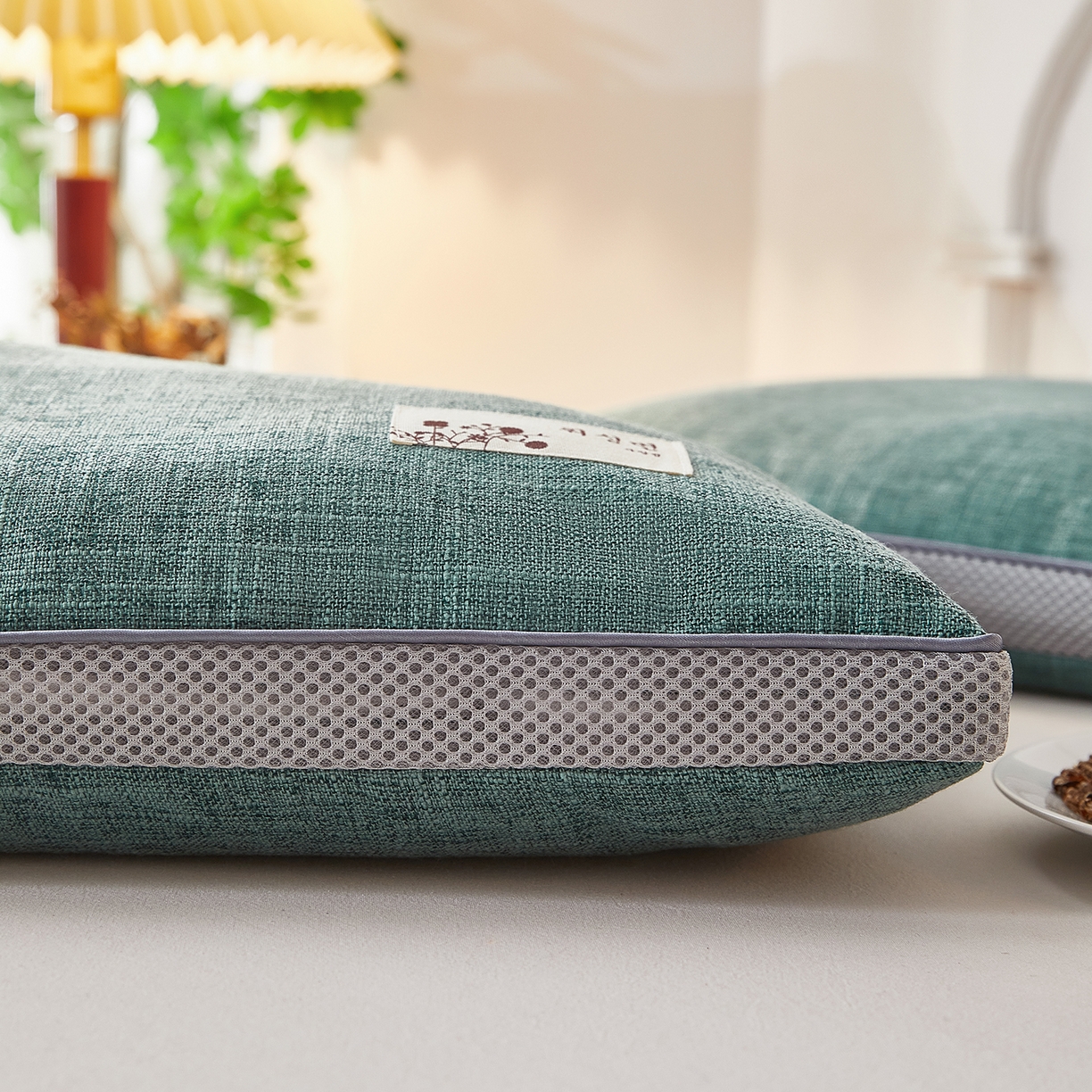 91家纺网 家纺一手货源 找家纺 梦叶草 2026新款棉麻贴布绣透气立体网荞麦枕  枕头枕芯 棉麻透气荞麦枕-绿色