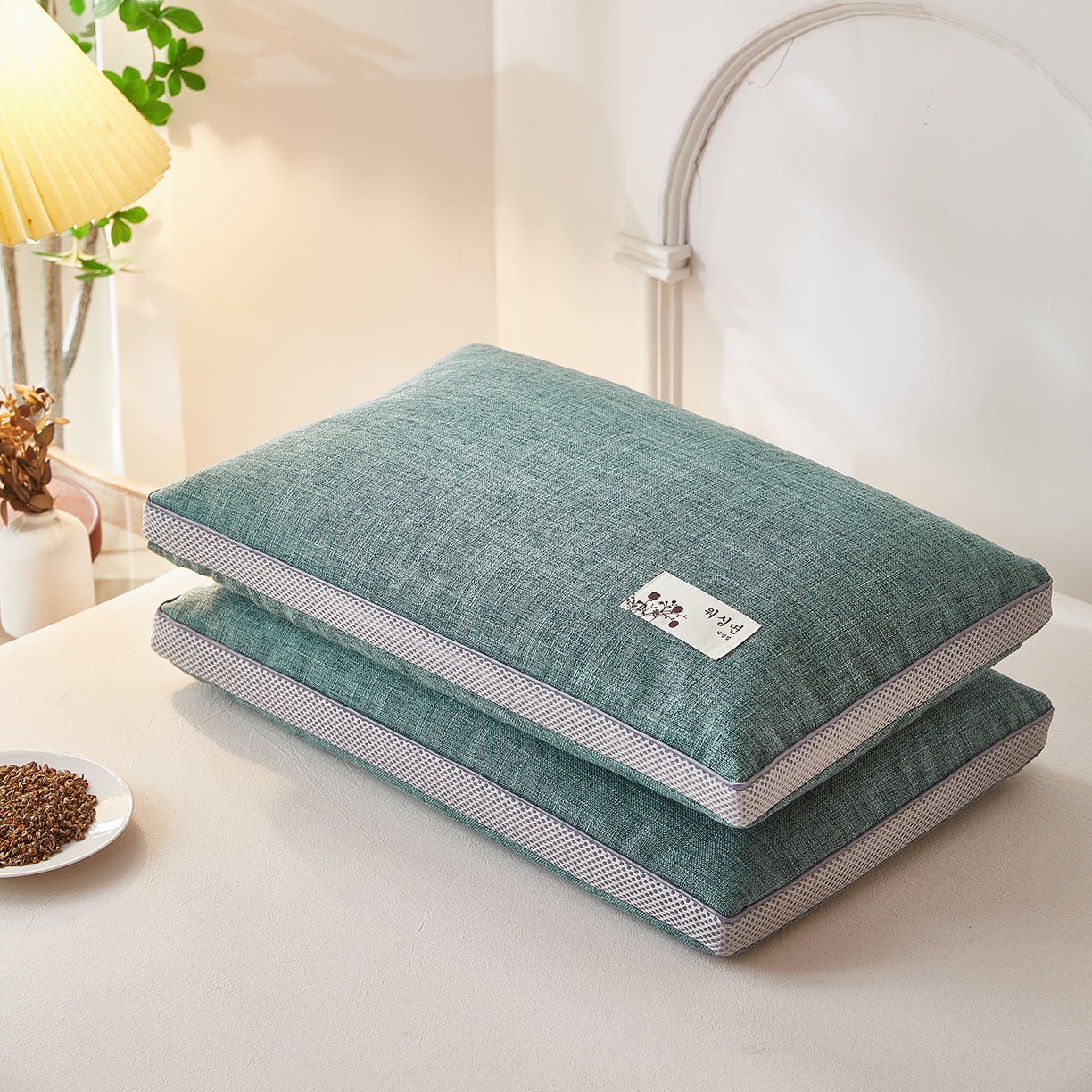 梦叶草 2026新款棉麻贴布绣透气立体网荞麦枕  枕头枕芯 棉麻透气荞麦枕-绿色