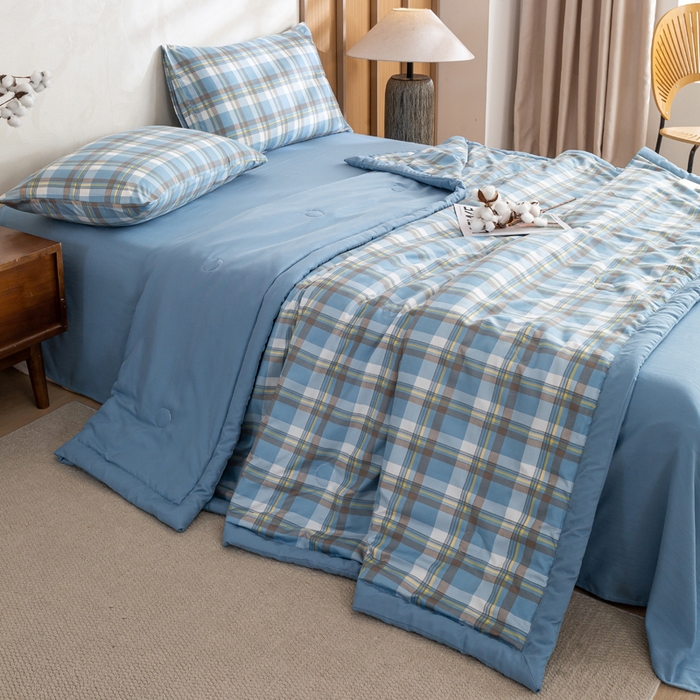 91家纺网 家纺一手货源 找家纺 憨豆家纺 2026新款无印风水洗棉新疆棉花夏被格子夏凉被空调被子直播被芯 蓝中格