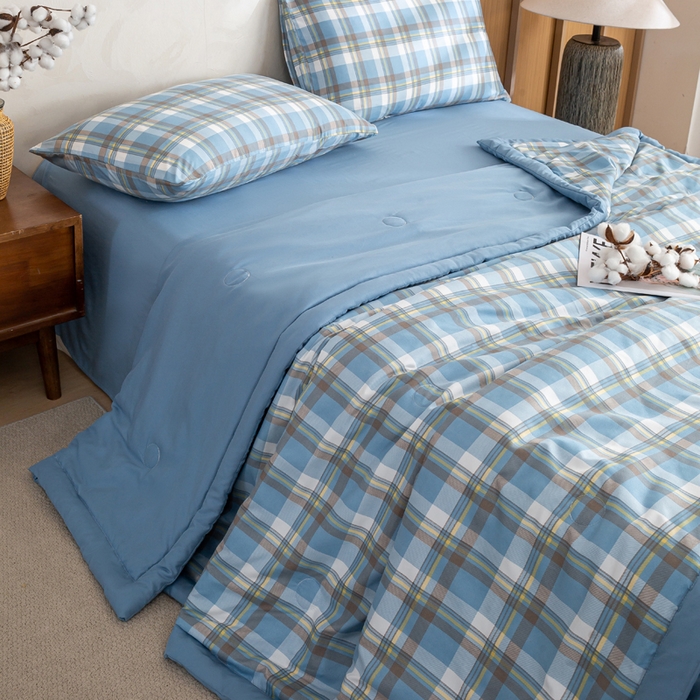 91家纺网 家纺一手货源 找家纺 憨豆家纺 2026新款无印风水洗棉新疆棉花夏被格子夏凉被空调被子直播被芯 蓝中格