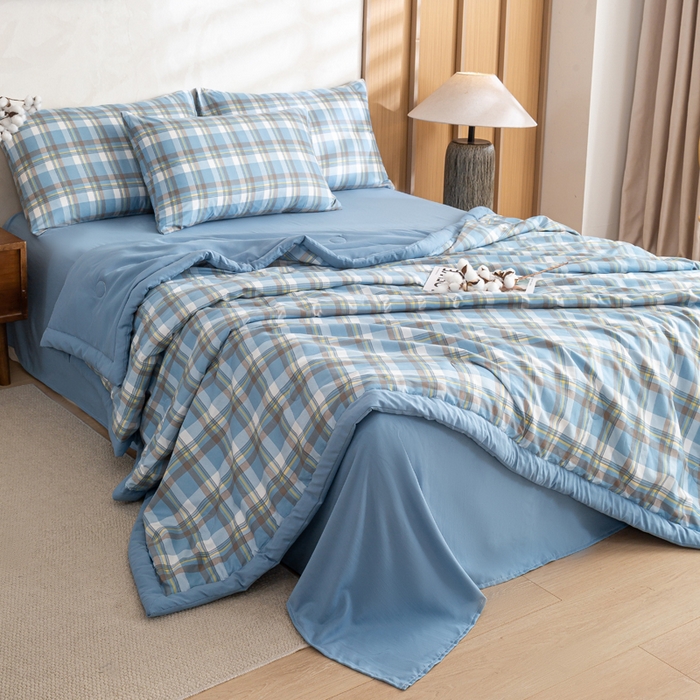 91家纺网 家纺一手货源 找家纺 憨豆家纺 2026新款无印风水洗棉新疆棉花夏被格子夏凉被空调被子直播被芯 蓝中格