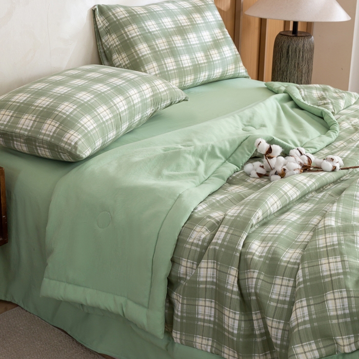 91家纺网 家纺一手货源 找家纺 憨豆家纺 2026新款无印风水洗棉新疆棉花夏被格子夏凉被空调被子直播被芯 青柠格