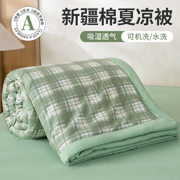 憨豆家纺 2026新款无印风水洗棉新疆棉花夏被格子夏凉被空调被子直播被芯 青柠格