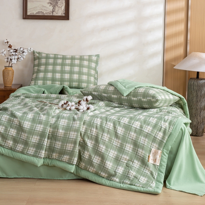 91家纺网 家纺一手货源 找家纺 憨豆家纺 2026新款无印风水洗棉新疆棉花夏被格子夏凉被空调被子直播被芯 青柠格