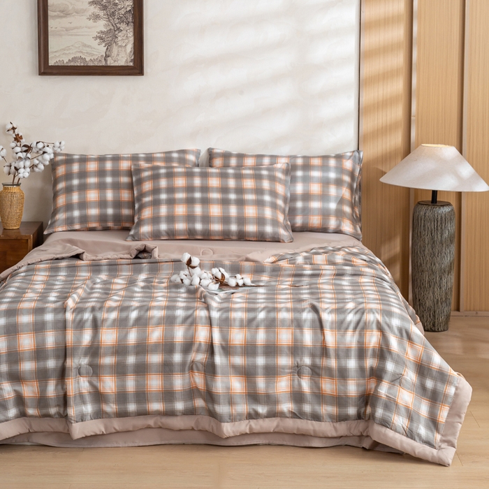 91家纺网 家纺一手货源 找家纺 憨豆家纺 2026新款无印风水洗棉新疆棉花夏被格子夏凉被空调被子直播被芯 咖中格