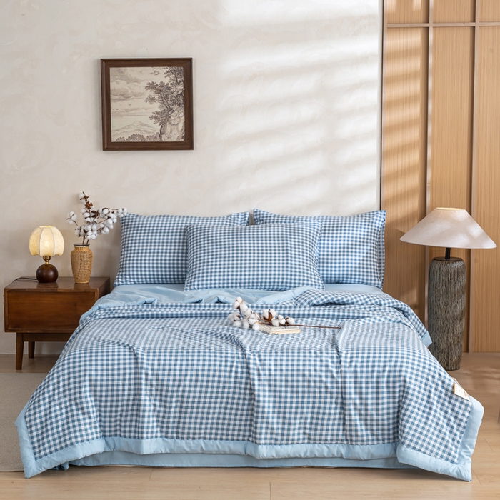 91家纺网 家纺一手货源 找家纺 憨豆家纺 2026新款无印风水洗棉新疆棉花夏被格子夏凉被空调被子直播被芯 小蓝格