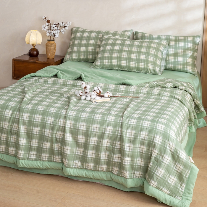 91家纺网 家纺一手货源 找家纺 憨豆家纺 2026新款无印风水洗棉新疆棉花夏被格子夏凉被空调被子直播被芯 青柠格