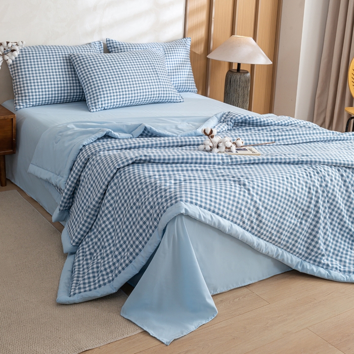 91家纺网 家纺一手货源 找家纺 憨豆家纺 2026新款无印风水洗棉新疆棉花夏被格子夏凉被空调被子直播被芯 小蓝格