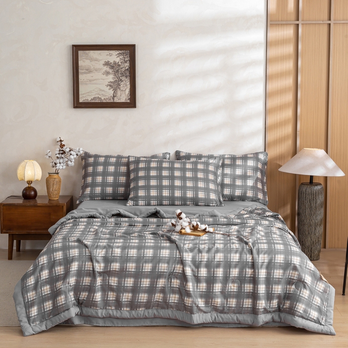 91家纺网 家纺一手货源 找家纺 憨豆家纺 2026新款无印风水洗棉新疆棉花夏被格子夏凉被空调被子直播被芯 简兮格