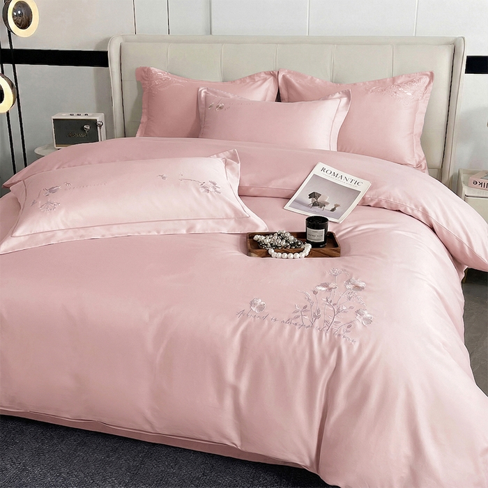 帛美家纺 2026新款全棉纯棉轻奢绣花四件套 花柔-海棠粉