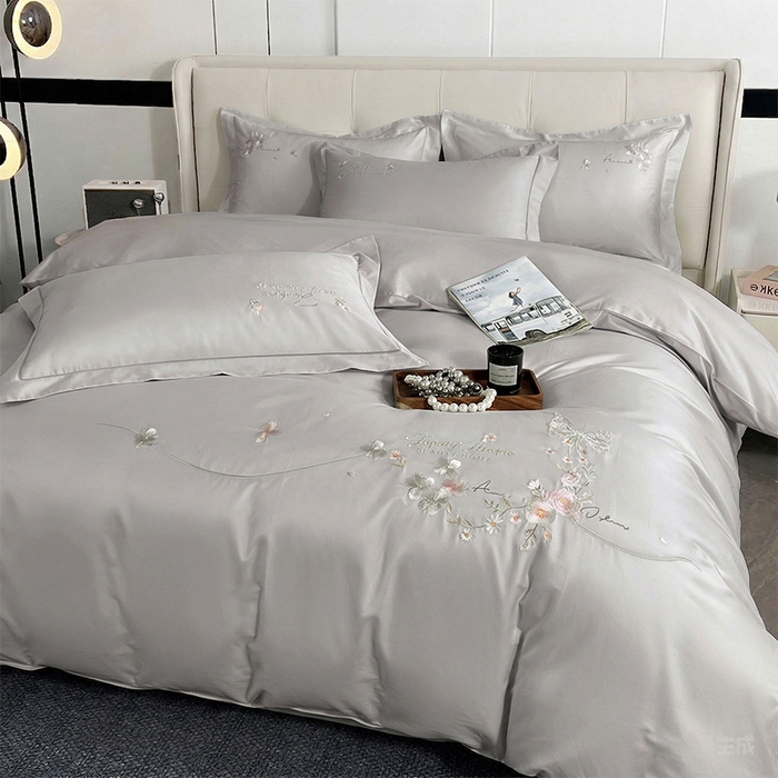 帛美家纺 2026新款全棉纯棉轻奢绣花四件套 莱雅-高级灰